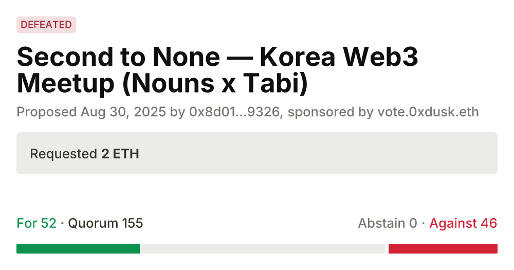 Second to None — Korea Web3 Meetup (Nouns x Tabi) (Prop 850) - Nouns Camp